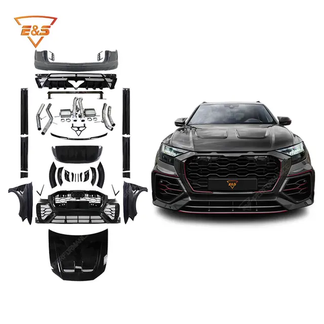 Full body kit set laid out as an exploded composite beside the car it is fitted to