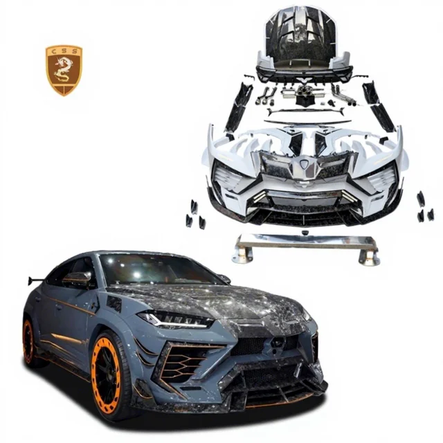 Lamborghini Urus with marbled forged carbon hood shown with exploded body kit view