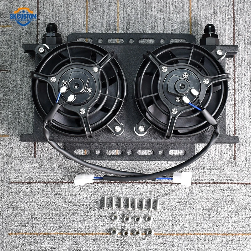 19-row stacked-plate oil cooler with dual electric fans mounted for low-speed and traffic airflow