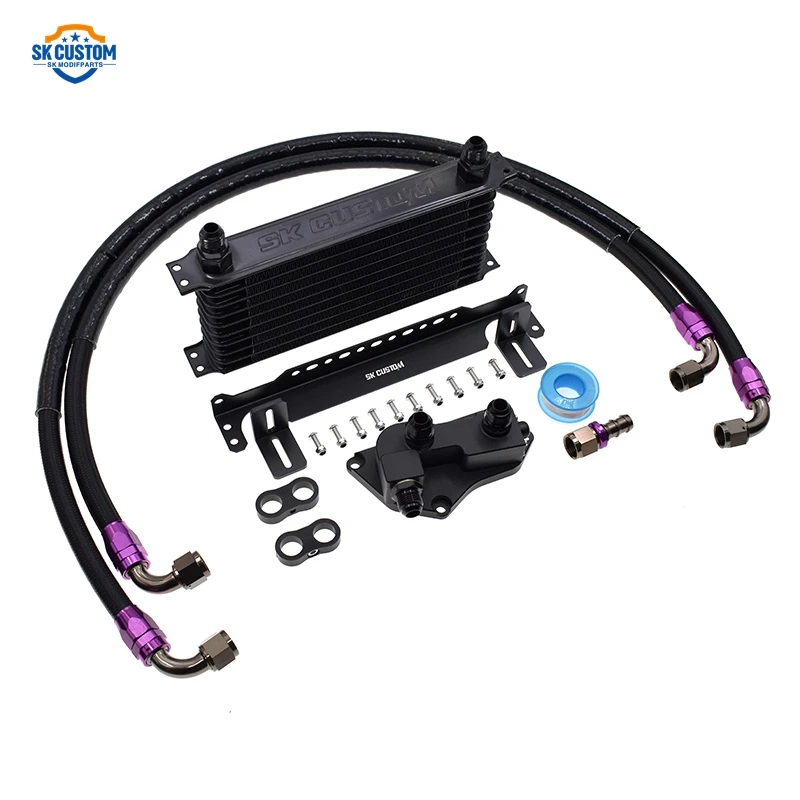 Complete 10-row stacked-plate oil cooler kit: black core, braided AN lines, thermostatic sandwich plate adapter, and mounting brackets