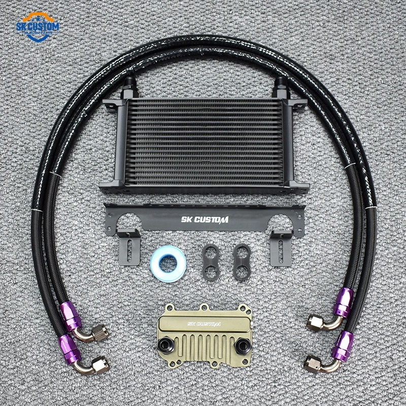 Oil cooler kit with thermostatic sandwich plate adapter, braided lines, mounting bracket and hardware