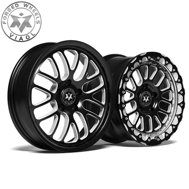 Forged monoblock wheel beside a two-piece forged wheel showing visible assembly hardware